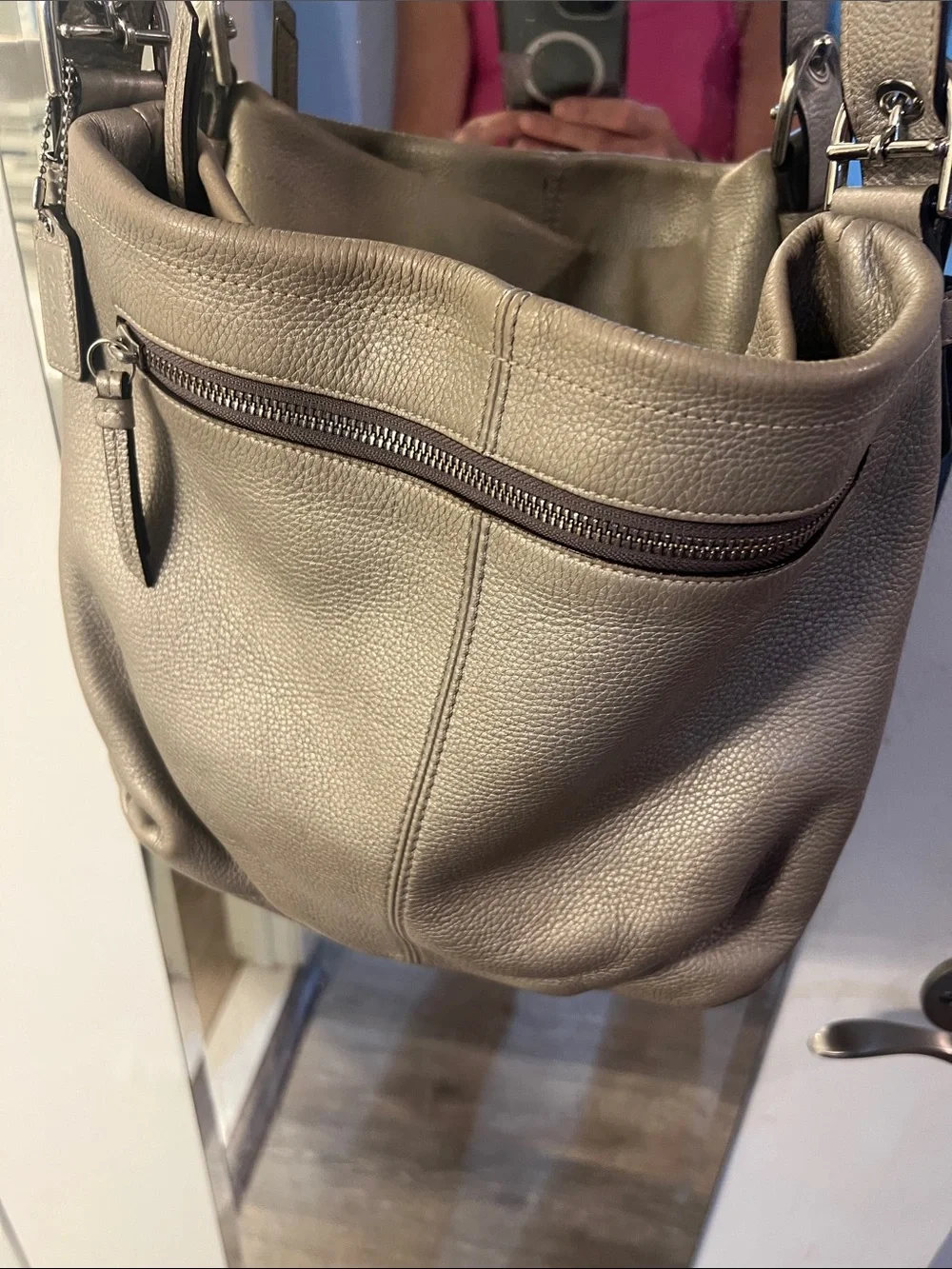 Classic silver Gray Leather Coach Shoulder Bag